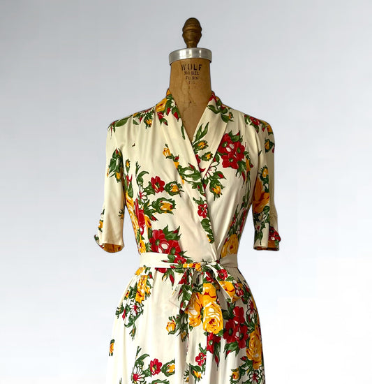 1940s Floral Rayon Hostess Dress