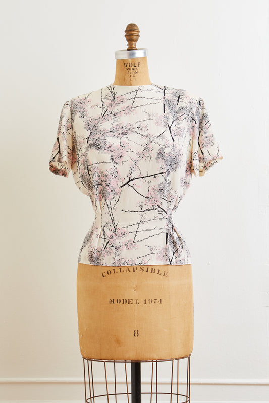 1940s Dorothy Korby Cherry Blossom Print Blouse