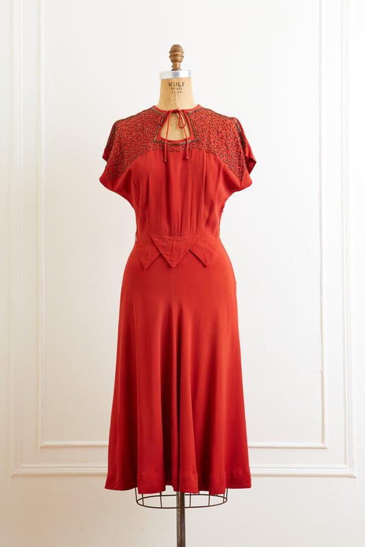 1940s Rust Red Beaded Keyhole Dress