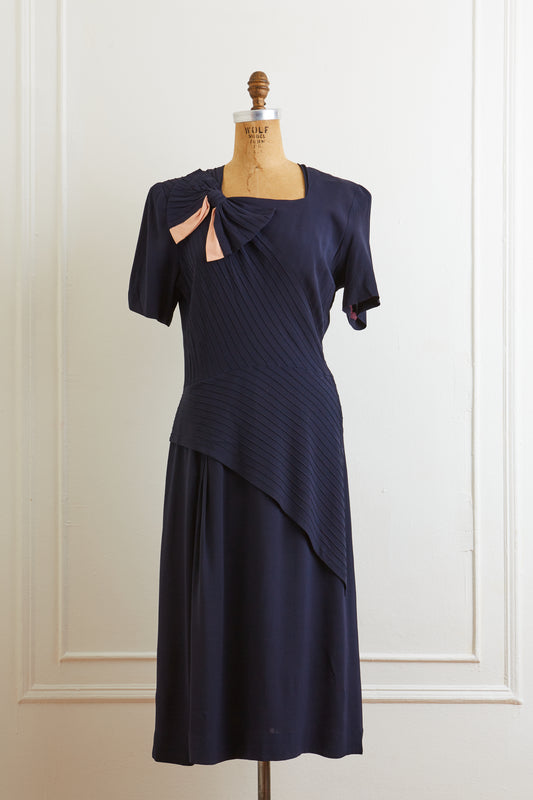 1940s Navy Pintuck Bow Dress