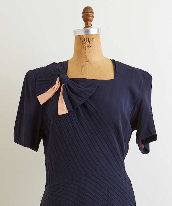 1940s Navy Pintuck Bow Dress