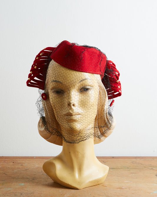 1940s Scarlet Veiled Hat With Studded Loopies