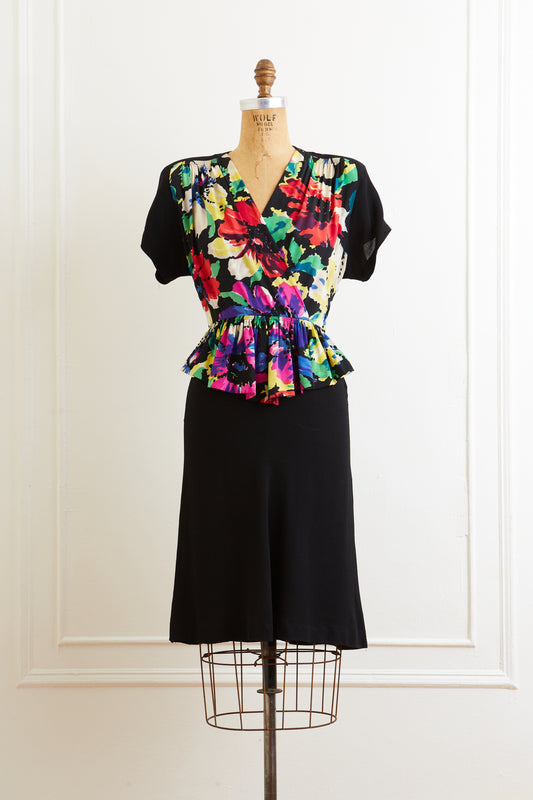 1940s Bright Floral Peplum Dress
