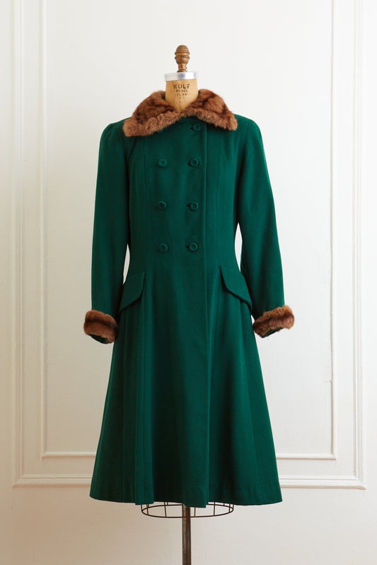 1940s Stunning Green Wool and Fur Princess Coat